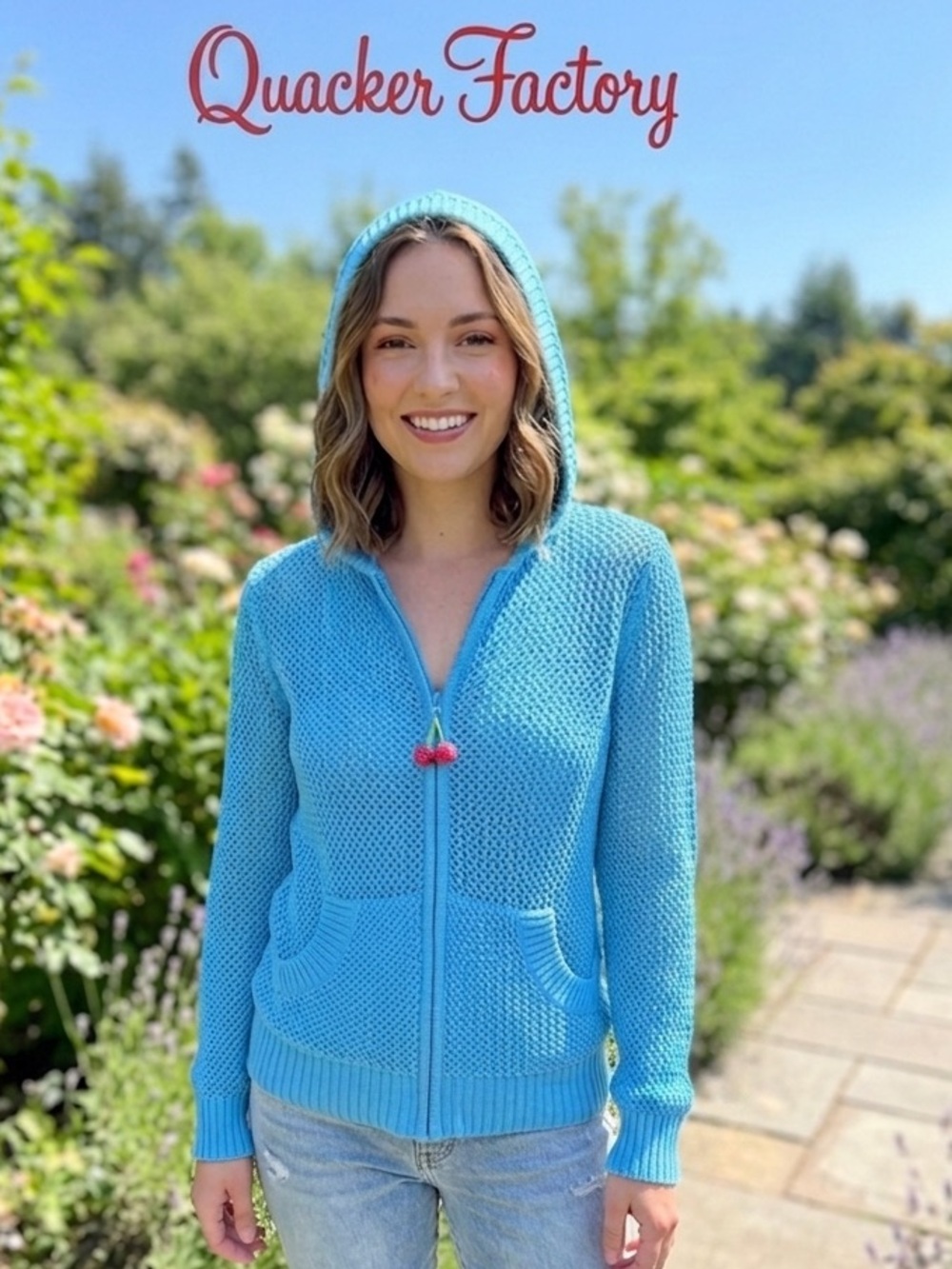 Quacker Factory Aqua Hooded Zip Cardigan with Cherry Pom Zipper